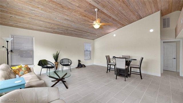 living room with ceiling fan, light tile patterned flooring, wood ceiling, and vaulted ceiling