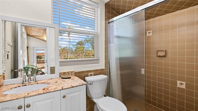 bathroom featuring toilet, vanity, and walk in shower