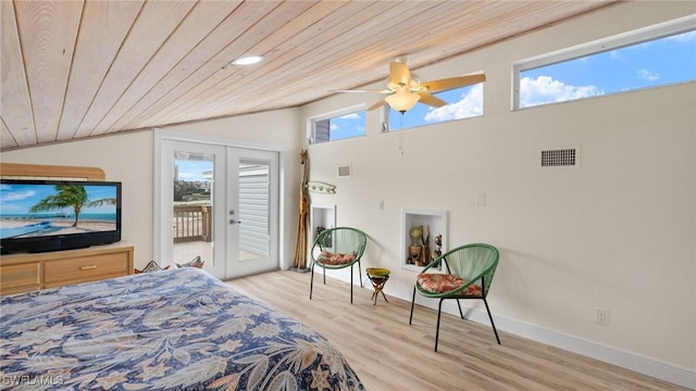 bedroom with access to exterior, ceiling fan, french doors, vaulted ceiling, and wood ceiling