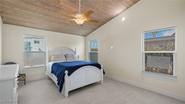 tiled bedroom with ceiling fan, wooden ceiling, and lofted ceiling