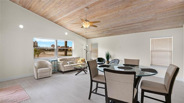 tiled dining space featuring ceiling fan, high vaulted ceiling, and wood ceiling