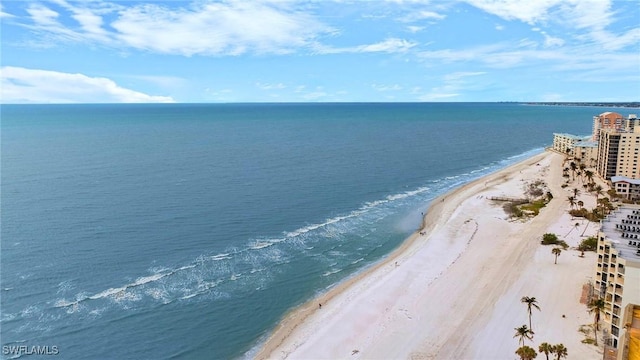 drone / aerial view featuring a view of the beach and a water view