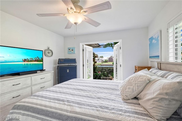 bedroom featuring access to exterior and ceiling fan