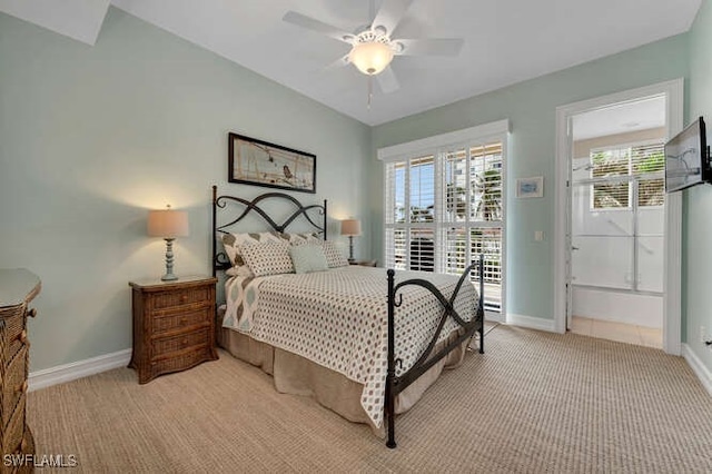 bedroom featuring ceiling fan, light colored carpet, and multiple windows