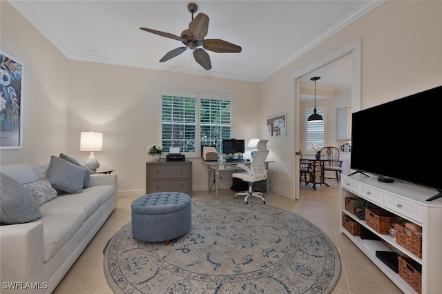 office area with light tile patterned floors, ceiling fan, and ornamental molding