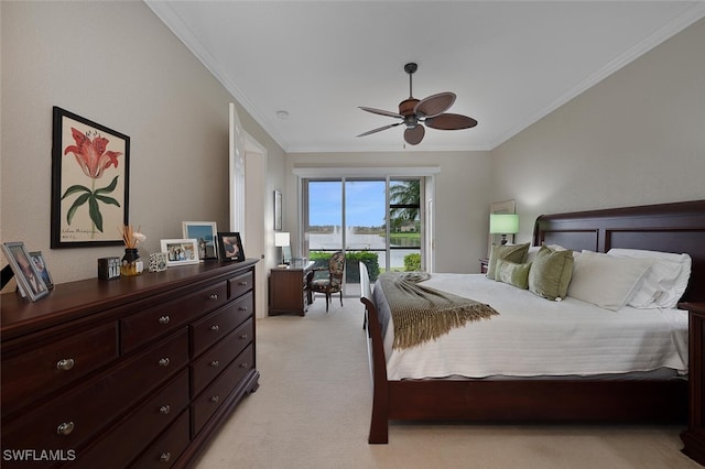 bedroom with light colored carpet, ceiling fan, and ornamental molding