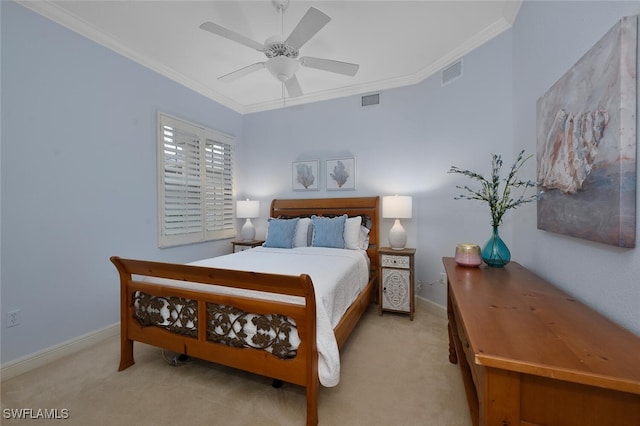 bedroom featuring light carpet, ceiling fan, and ornamental molding