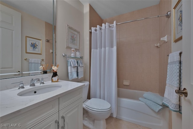 full bathroom featuring tile patterned flooring, shower / bath combination with curtain, toilet, and vanity