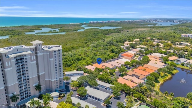 bird's eye view with a water view