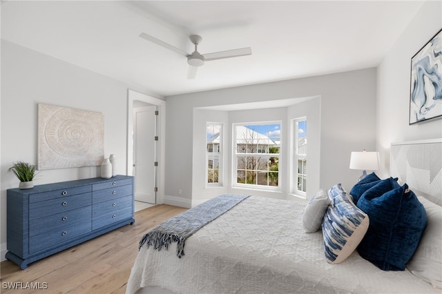 bedroom featuring ceiling fan and light wood-type flooring