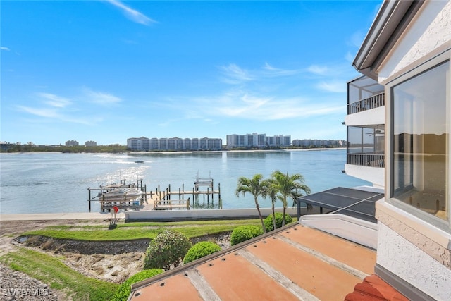 property view of water featuring a boat dock