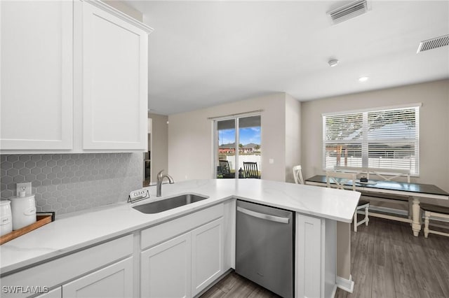 kitchen featuring kitchen peninsula, white cabinetry, dishwasher, and sink