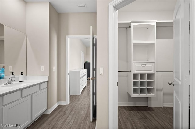 bathroom featuring hardwood / wood-style floors and vanity