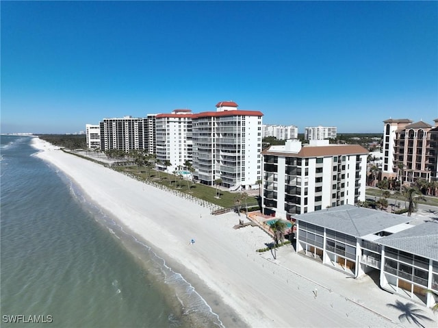 drone / aerial view with a water view and a view of the beach