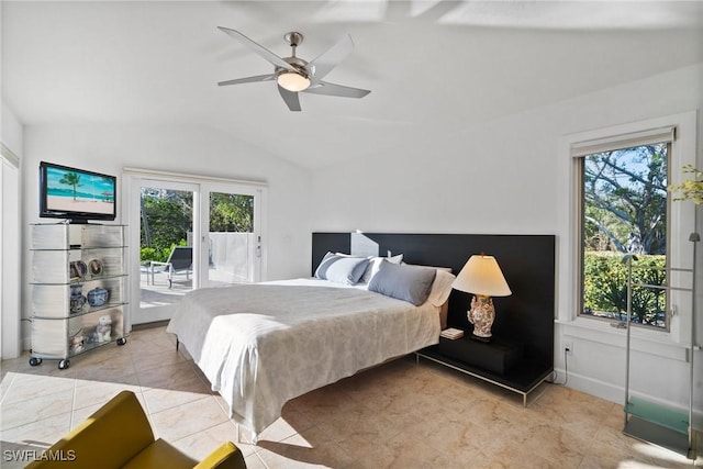319 Pirates Bight, Naples, FL 34103 - bedroom with access to exterior, multiple windows, lofted ceiling, and ceiling fan