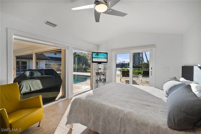 319 Pirates Bight, Naples, FL 34103 - tiled bedroom with a ceiling fan, visible vents, a sunroom, access to exterior, and vaulted ceiling