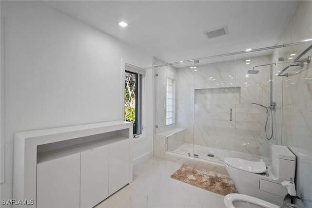 319 Pirates Bight, Naples, FL 34103 - bathroom with a marble finish shower, visible vents, marble finish floor, and toilet