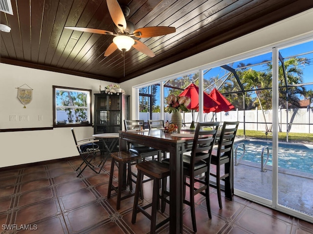 dining space featuring ceiling fan and wood ceiling