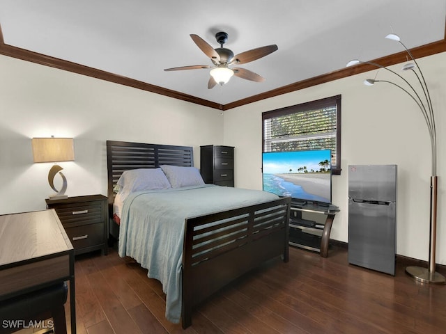 bedroom with ceiling fan, dark hardwood / wood-style floors, ornamental molding, and stainless steel refrigerator