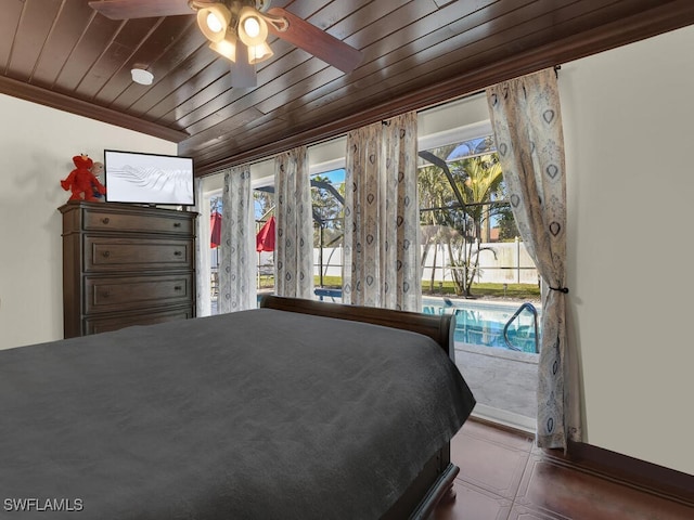 unfurnished bedroom with ceiling fan, wooden ceiling, access to outside, and lofted ceiling