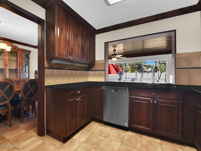 kitchen featuring backsplash, crown molding, stainless steel dishwasher, ceiling fan, and dark brown cabinets