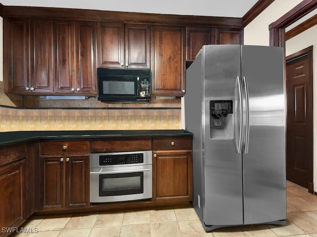 kitchen featuring appliances with stainless steel finishes, tasteful backsplash, ornamental molding, dark brown cabinetry, and light tile patterned floors