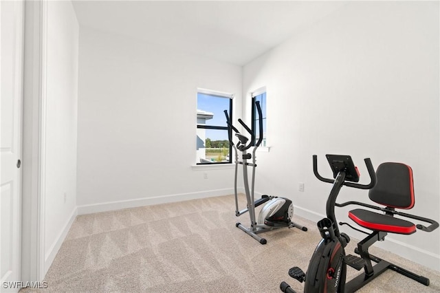 workout area featuring light colored carpet