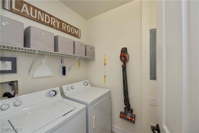 laundry room featuring electric panel and washing machine and clothes dryer