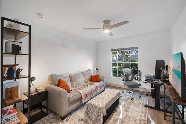 living room with ceiling fan and wood-type flooring