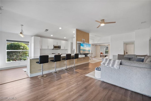 living room with hardwood / wood-style flooring, ceiling fan, and sink