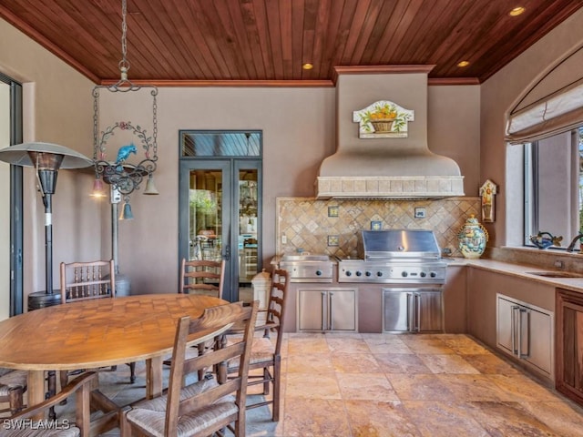 kitchen with backsplash, sink, ornamental molding, custom range hood, and wood ceiling