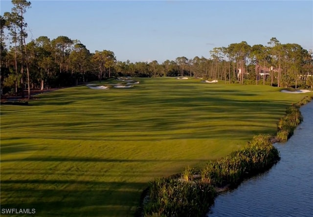 surrounding community with a yard and a water view