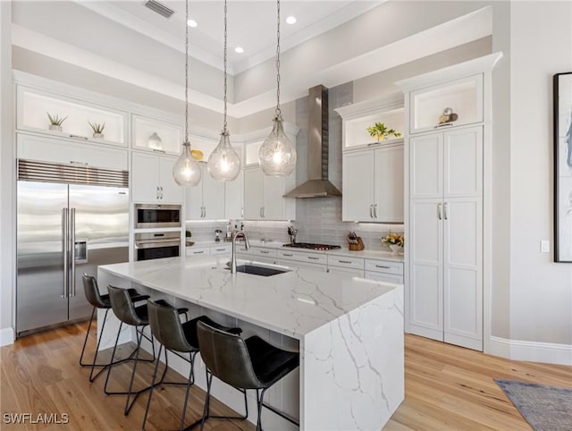 kitchen featuring appliances with stainless steel finishes, an island with sink, wall chimney exhaust hood, sink, and backsplash