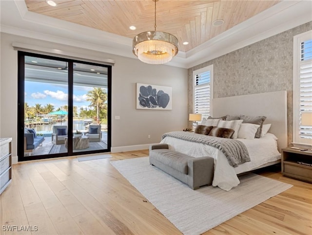 bedroom featuring an inviting chandelier, a raised ceiling, access to exterior, light wood-type flooring, and wood ceiling