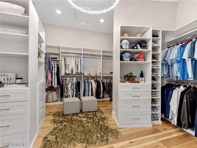 walk in closet featuring light hardwood / wood-style flooring