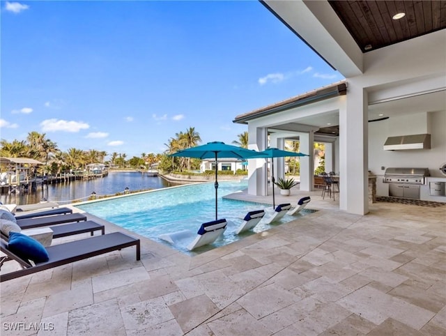 view of swimming pool with ceiling fan, a patio, a water view, and area for grilling