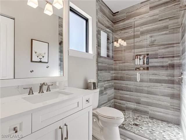 bathroom with toilet, vanity, and a shower with shower door