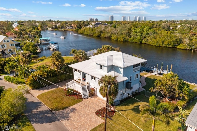 drone / aerial view featuring a water view