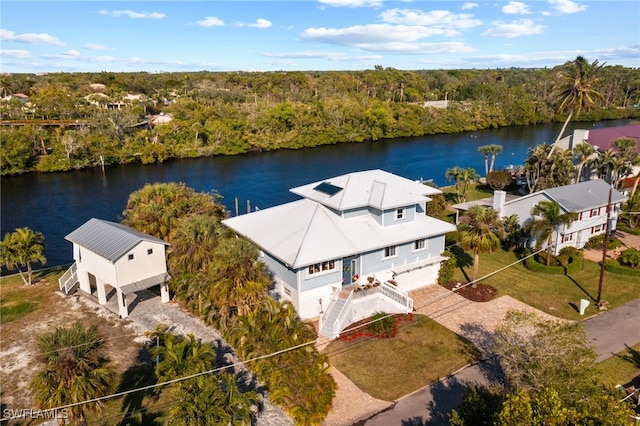 drone / aerial view featuring a water view