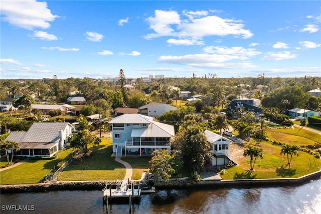 aerial view featuring a water view