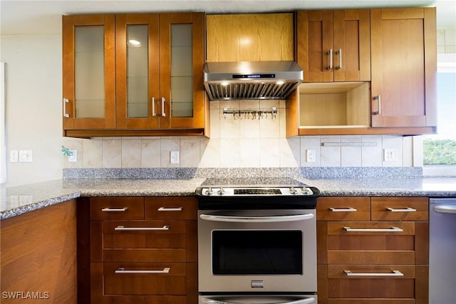 3968 Aloha Ln, Bonita Springs, FL 34134 - kitchen with appliances with stainless steel finishes, under cabinet range hood, and brown cabinets