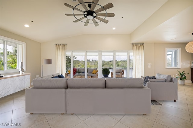 3968 Aloha Ln, Bonita Springs, FL 34134 - living room featuring a ceiling fan, light tile patterned floors, lofted ceiling, and recessed lighting