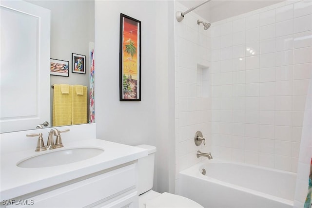 full bath featuring vanity, toilet, and shower / bathtub combination with curtain