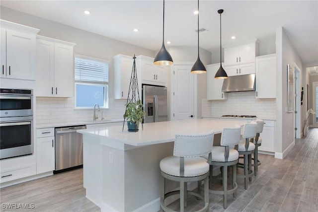 kitchen with light wood finished floors, a kitchen island, under cabinet range hood, stainless steel appliances, and a sink