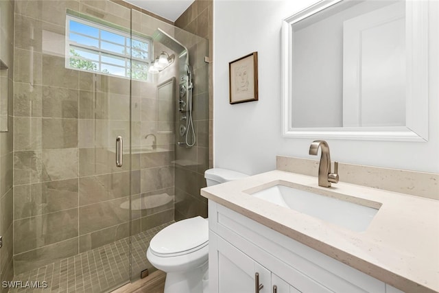 bathroom with vanity, an enclosed shower, and toilet