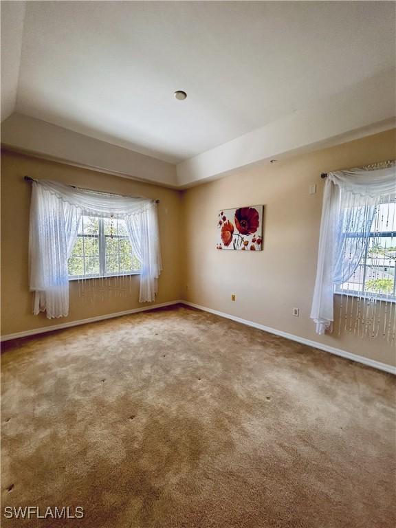 empty room with carpet flooring, vaulted ceiling, and a healthy amount of sunlight