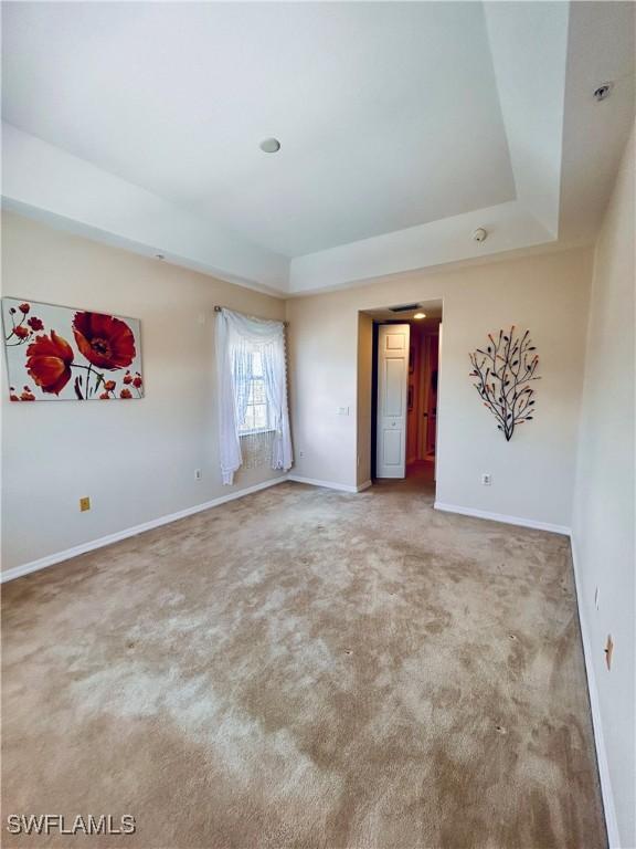 spare room featuring carpet flooring and a tray ceiling