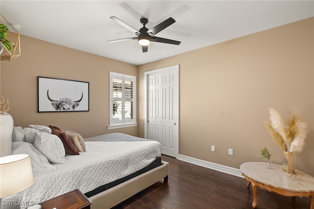 bedroom featuring ceiling fan, a closet, and dark wood-type flooring