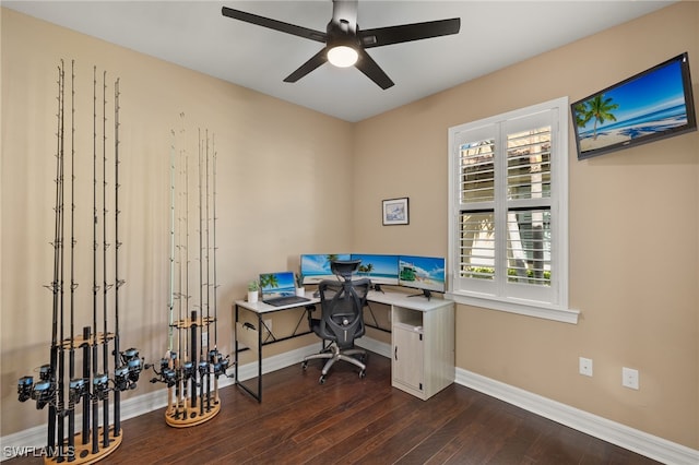 home office with dark hardwood / wood-style floors and ceiling fan