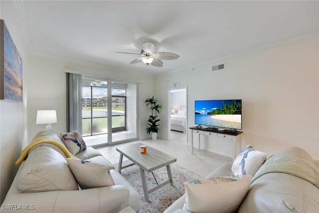 16635 Lake Circle Dr Unit 614, Fort Myers, FL 33908 - tiled living room featuring a ceiling fan and ornamental molding